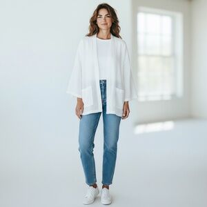 Eileen Fisher Jacket Womens XXS White Organic Cotton Gauze Kimono Open